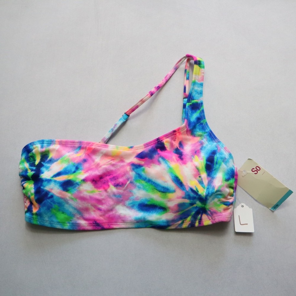 SO Pink Multi One Shoulder‎ Padded Tie Dye Swim Bra Beach  Bikini Top L Large